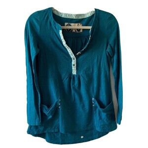 Little Yellow Button Womens Size XS Cotton Blue Calantha Pocket Henley Top